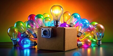 A lively box overflowing with creative concepts, adorned with bright light bulbs that reflect innovation, inspiring fresh ideas and energizing our quest for ingenuity.