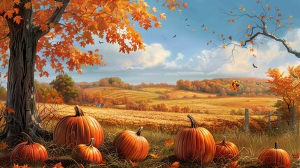 Sticker - Vibrant Autumn Landscape with Pumpkins and Foliage