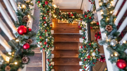 Poster - Festive Christmas Decor on Staircase with Lights