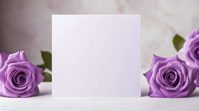 A purple rose card with a blank white background design. The card stands on the table, open and folded in half to display the inside. The card has no text or picture design
