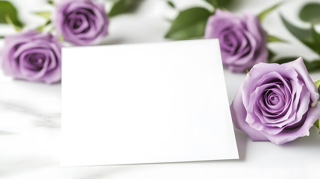 A purple rose card with a blank white background design. The card stands on the table, open and folded in half to display the inside. The card has no text or picture design