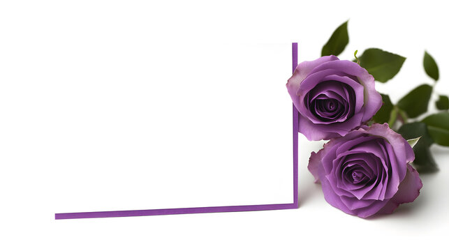 A purple rose card with a blank white background design. The card stands on the table, open and folded in half to display the inside. The card has no text or picture design