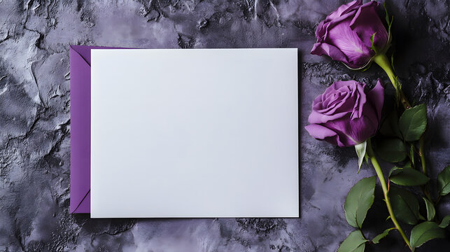 A purple rose card with a blank white background design. The card stands on the table, open and folded in half to display the inside. The card has no text or picture design