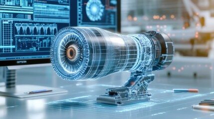 Poster - Digital Model of Jet Engine in Modern Workspace