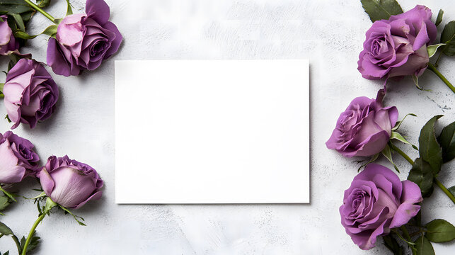 A purple rose card with a blank white background design. The card stands on the table, open and folded in half to display the inside. The card has no text or picture design