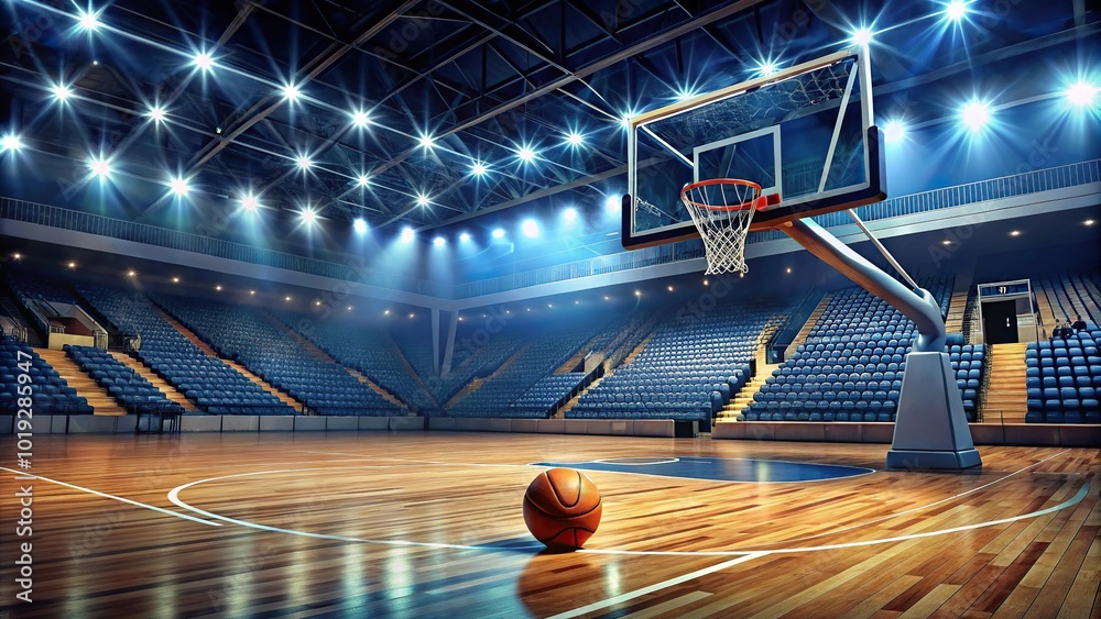 Aerial view of basketball arena with cesta and basketball ball Stock ...