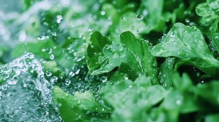 Close-up of fresh green lettuce leaves with water droplets, showcasing vibrant colors and natural freshness. Ideal for health themes.