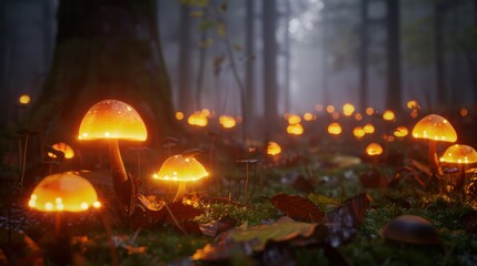 Poster - Enchanted Forest with Glowing Mushrooms at Night