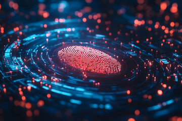 Fototapete - A biometric authentication technology concept design with a digital fingerprint and security data on a futuristic background design, vector illustration design