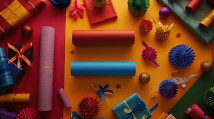 Poster - Colorful Gift Wrapping and Festive Supplies Arrangement