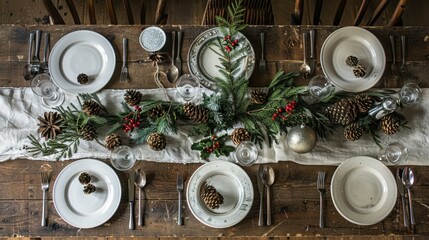 Wall Mural - Elegant Christmas Table Setting with Natural Decor