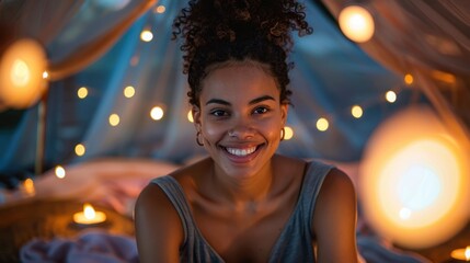 Wall Mural - Smiling Woman in Cozy Ambient Light Setting