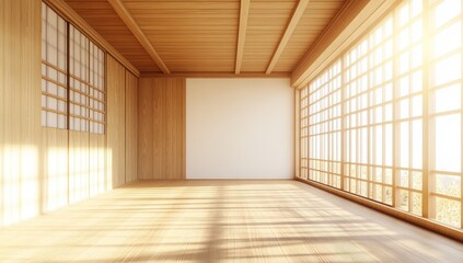 Wooden wall, wooden ceiling, large window on the right side of the room, empty space in the center of the picture, bright light coming from the windows, Japanese-style interior design