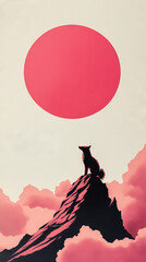 Wall Mural - Silhouetted wolf on a mountain peak with a large pink sun overhead.