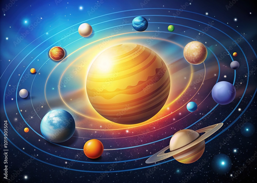 Ilustração Stylized illustration of the solar system featuring eight ...