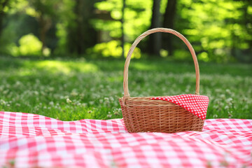 Poster - One picnic wicker basket with checkered napkin and blanket on green grass. Space for text