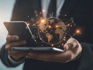 A businessman holds digital icons and smart devices with a global network connection design, showcasing the concept of online technology for business success design