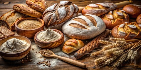 A rustic wooden table, adorned with freshly baked loaves of bread, surrounded by bowls of flour, and a scattering of wheat stalks, exudes a sense of warmth and wholesomeness.