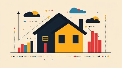 Wall Mural - Vibrant Retro Real Estate Investment Illustration with Minimalistic Black Outlines and Playful Colors