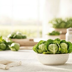 Fresh Green Cabbage in Rustic Bowl on Kitchen Table