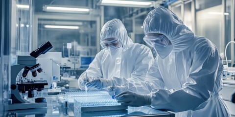 two scientists in a lab wearing protective suits work on a project.