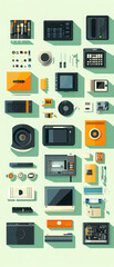 A collection of vintage electronic devices and gadgets displayed in an organized pattern on a pastel background, showcasing retro design and technology.