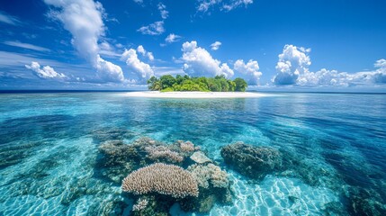 A Small Tropical Island with Lush Vegetation Surrounded by Clear Blue Water and Coral Reefs