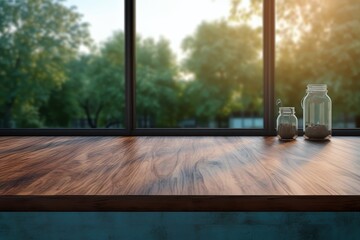 Wall Mural - A serene morning view of a wooden table with jars beside large windows