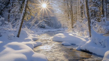 Wall Mural - Sun shining on a snow covered creek in a forest