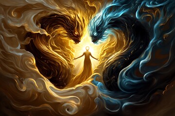 Poster - Fantasy depiction of a glowing figure standing between two towering forces of light and shadow, representing the eternal battle of dualism in a mystical world