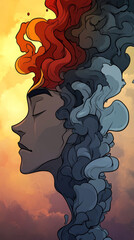 Poster - A profile view of a woman with colorful abstract hair.