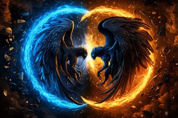 Aufkleber - Fantasy depiction of two opposing celestial beings, one of light and the other of darkness, locked in an eternal battle, symbolizing cosmic dualism