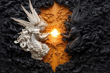 Aufkleber - Fantasy depiction of two opposing celestial beings, one of light and the other of darkness, locked in an eternal battle, symbolizing cosmic dualism