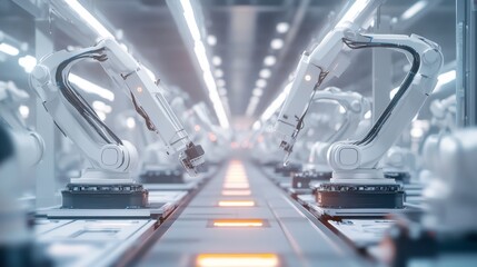 Row of White Robotic Arms at Automated Production Line at Bright Modern Factory. Industrial Robot Arms Assemble Lithium-Ion EV Battery Pack. Electric Car Manufacturing Inside Automotive Smart Factory