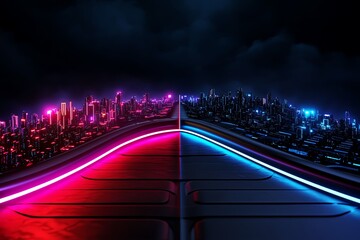 Poster - Futuristic depiction of a digital city divided in half, one side glowing with neon lights and the other dark and dystopian, representing dualism in future worlds