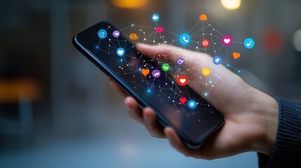 Poster - A hand holding a smartphone with social media icons and connections displayed.