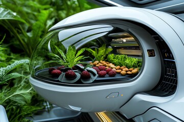 Poster - Futuristic depiction of a high-tech kitchen where antioxidant-rich foods like berries and nuts are prepared using smart technology for optimal health benefits