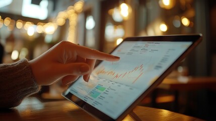 Poster - A person analyzing data on a tablet screen in a cozy setting.
