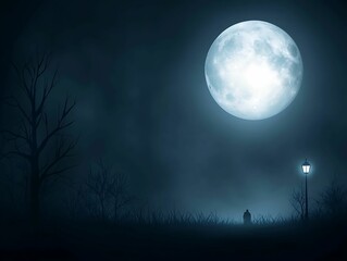 Wall Mural - mystical nightscape a solitary figure under a full moon's glow, spooky season haunted full moon