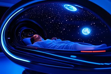 Poster - Futuristic depiction of a person resting in a floating sleep pod surrounded by holographic stars, with a digital moon projected on the ceiling, representing the next level of sleep technology