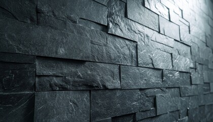 Wall Mural - A close-up of a dark gray stone wall with a light shining on it.