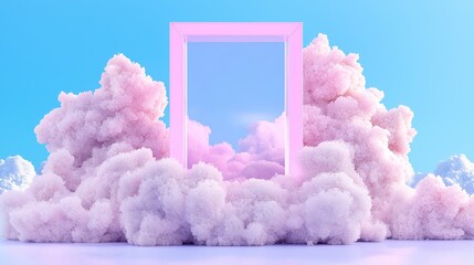 Wall Mural - Pink Neon Frame Surrounded by Fluffy Clouds   Dreamy 3D Render