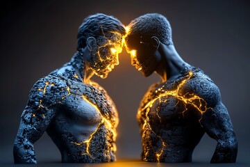 Aufkleber - Futuristic design of a person split into two holographic versions of themselves, one glowing with light and the other in shadow, symbolizing dualism in a digital future