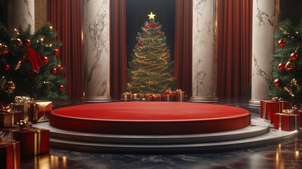 Wall Mural - Luxurious christmas stage featuring a red podium, decorated tree, and gift boxes in a hall with marble columns