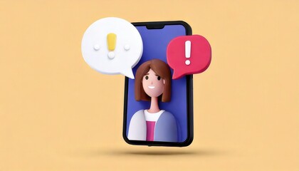 Female avatar character displaying alert and warning symbols on smartphone screen in modern minimalist 3D rendering  Concept for mobile app user interface design digital communication and marketing