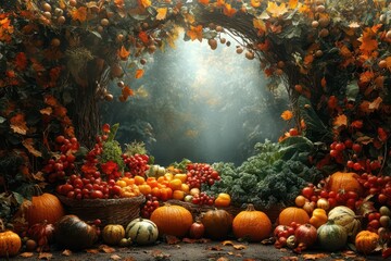 rustic thanksgiving scene with a bountiful harvest of vegetables surrounded by autumn leaves and trees reflecting traditional countryside celebrations