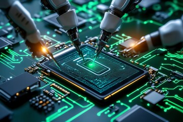 Poster - Futuristic scene of an AI-powered reverse engineering process, with robotic arms disassembling a device while a digital interface maps out its components in real-time