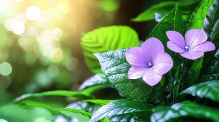 Two Delicate Lavender Flowers Blooming in Lush Green Foliage with Sunlit Bokeh