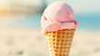 © Bi - ice cream in cone sandy beach background, sunny day, outside outdoors, vacation and fun, relax and enjoy idea for copy space