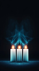 Three white candles burn in a dark room, their smoke forming an eerie shape.